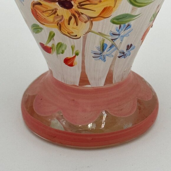 Tracy Porter Hand Painted Clear Blown Glass Bud Vase Floral Flowers Ruffled Edge - Picture 2 of 10
